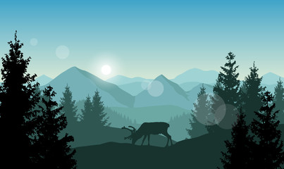 Vector landscape with grazing reindeer in a forest in front of blue misty mountains. © Jan