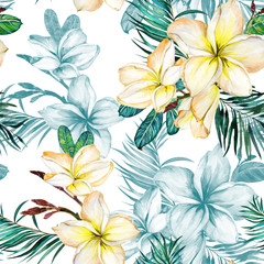 Yellow plumeria flowers and green palm leaves on white background. Seamless tropical pattern. Watercolor painting. Hand painted floral illustration.