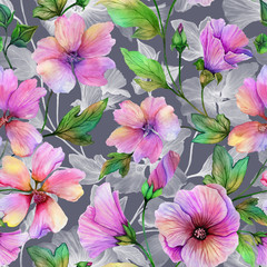 Beautiful lavatera flowers with green leaves against gray background. Seamless floral pattern. Watercolor painting. Hand painted illustration.