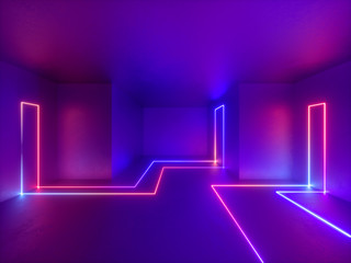3d render, neon lights, room, indoor, virtual reality, glowing lines, abstract psychedelic background, ultraviolet, vibrant colors