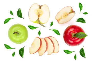 red and green apples with slices and leaves isolated on white background top view. Set or collection. Flat lay pattern