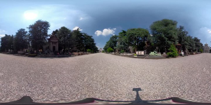 Inside Monumental Cemetery of Milan through the main route. 360 Vr, 4K Ultra-High
