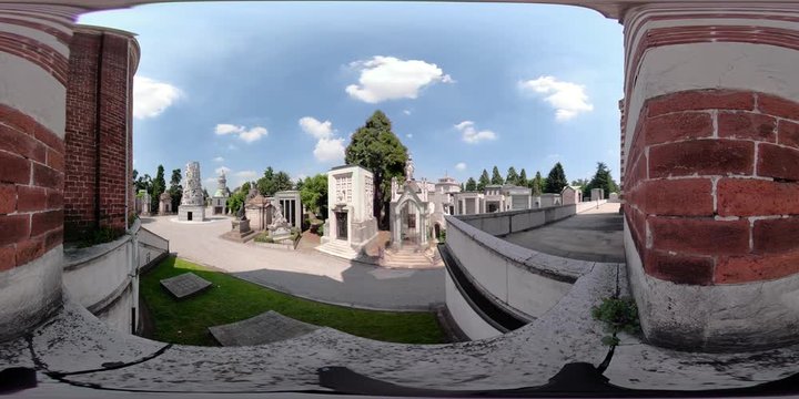 Inside Monumental Cemetery of Milan. Glimpse during a sunny day. 360 Vr, 4K Ultra-High. spherical sound
