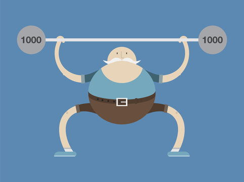 elderly man is engaged in weightlifting,man and dumbbells, vector image, flat design, cartoon character