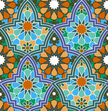 seamless bright multi-colored geometric pattern based on Moroccan patterns, vector illustration