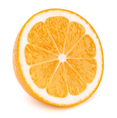 Perfectly retouched sliced half of orange fruit solated on the white background with clipping path. One of the best isolated oranges halves slices that you have seen.