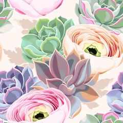 Seamless flowers and succulents