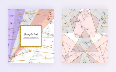 Geometric cover design with triangles shapes on the marble texture. Gold lines, grey, pink background. Modern template for card, flyer, invitation, party, birthday, wedding, placard, brochure, banner