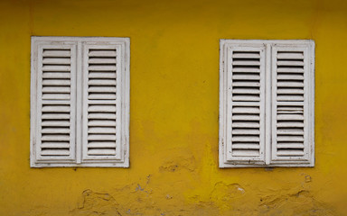 damp yellow wall with white windows