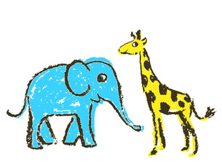 Crayon like kid`s hand drawn wild animals. Giraffe and elephant isolated on white. Child`s drawn artistic stroke colorful pastel chalk or pencil vector art. Childlike funny style