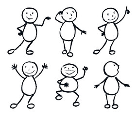 Naklejka premium Funny doodle man set. Black and white wax crayon or chalk, charcoal or pencil like kid`s hand drawn. Vector simple line cartoon comic characters. Persons with smiley, happy, victory expressions