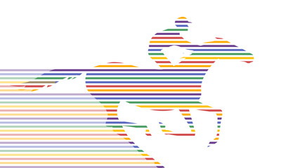 Jockey and horse silhouette galloping motion on white. Vector horse race and rider. Bright colorful striped hand drawing vector illustration.
