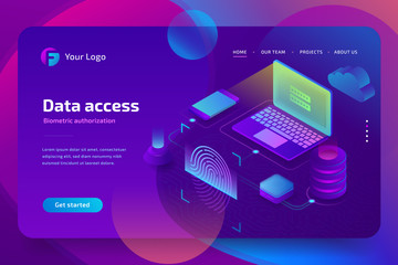 Network data access with biometric authorization concept. Scan Fingerprint, Identification system, landing page template. 3d isometric vector illustration on ultraviolet background