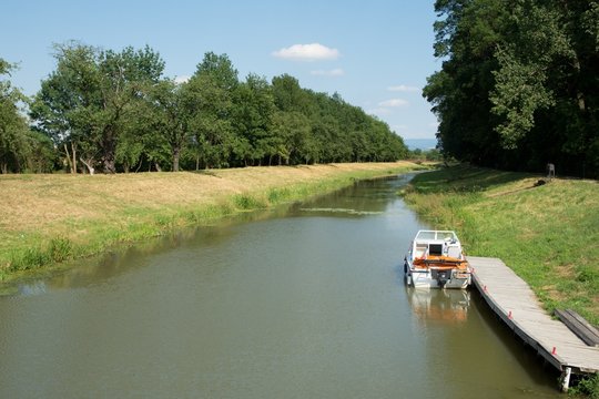 Historic Bata canal from the boat. Southern Moravia, Czech Republic, Europe