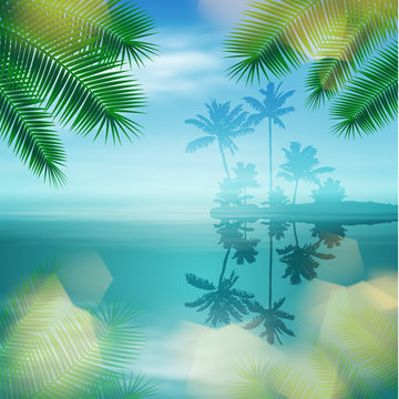 Sea with island and palm trees and light on lens. EPS10 vector.