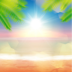 Fototapeta na wymiar Beach and tropical sea with palmtree leaves and light on lens. EPS10 vector.