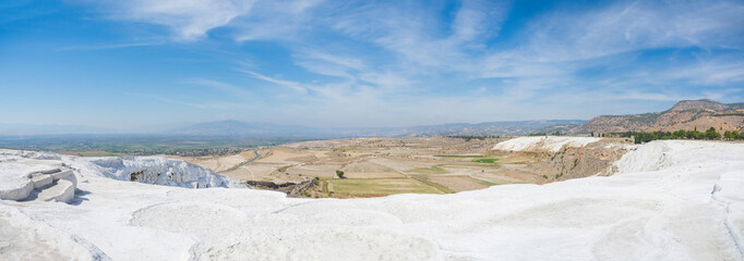 Panoramic view of Pammukale near modern city Denizli, Turkey. One of famous tourists place in Turkey