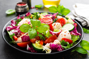 Salad with chicken meat. Fresh vegetable salad with chicken breast. Meat salad with chicken fillet and fresh vegetables on plate