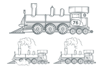 Set of old train logo. Locomotive drawing. Steam transport. Vector graphics to design.