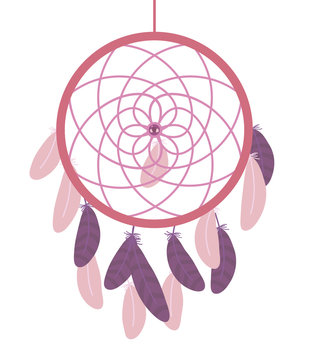 dream catcher hanging feathers gentle pink color purple pastel tones bead pearl gift vector illustration isolated on white background