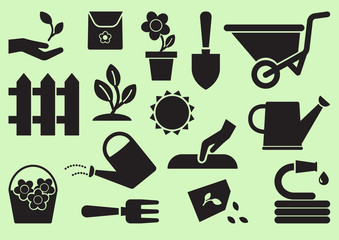 Gardening icons. Black silhouettes. Vector illustration © Sylfida