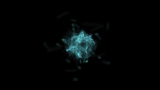 Blue subatomic particle in a dark background