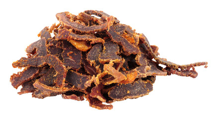 Shredded biltong dried meat isolated on a white background