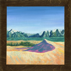 Sand dune illuminated by the sun against the backdrop of the mountain range and the blue sky. Chara Sands. Oil painting in the original wooden frame.