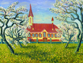 The church. Blossoming apple-trees. Green grass meadow with flowers. Sunny spring day. Oil painting on canvas.
