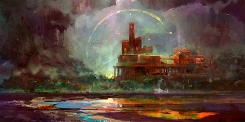 painted in bright fantasy landscape with castle