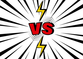 Versus. VS word with lightning on black and white pop art background with sunbeams. Vector illustration.