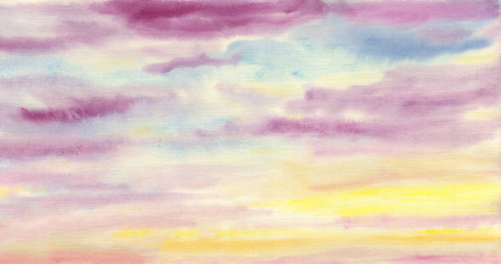 Solid hand drawn artistic background. Colorful clouds. The sky is at sunset. Watercolor painting on paper.