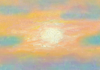 Hand drawn artistic background. The sun is at sunset. Bright colors of the sky. Oil painting.