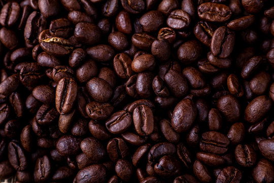 Dark Raosted coffee beans top view flat lay
