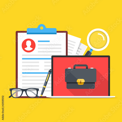 "Job search, career opportunity. Clipboard with CV, application form