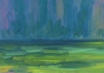 Hand drawn artistic background. Abstract sea horizon on a stormy day. Oil painting.