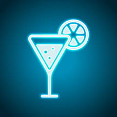 cocktail with lemon slice icon. Neon style. Light decoration icon. Bright electric symbol