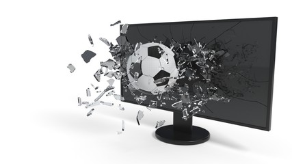 Fracture glass and soccer ball of background, 3d rendering