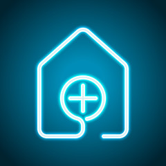 house with medical cross icon. line style. Neon style. Light decoration icon. Bright electric symbol