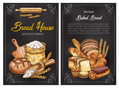 Vector bread sketch posters for premium bakery