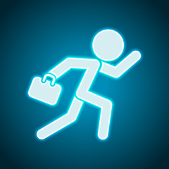 running man with case. Neon style. Light decoration icon. Bright electric symbol