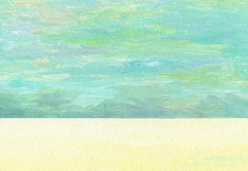 Solid hand drawn artistic background. The sea horizon. The sea with sunlight reflections. Cloudy sky. Oil painting.