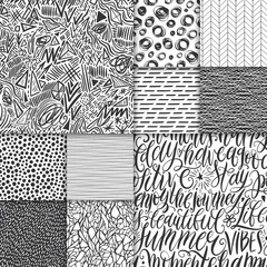 Abstract hand drawn geometric simple minimalistic seamless patterns set. Hand lettering, polka dot, stripes, waves, random symbols textures. Bright colorful vector illustration. Template for your