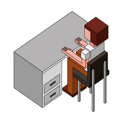 male isometric sitting on chair at desk view back vector illustration