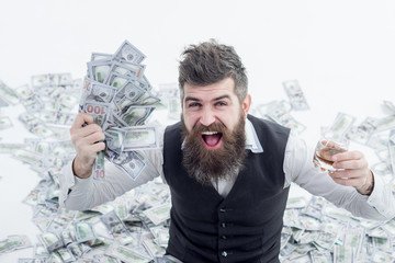 Income. Benefit. Earnings. People concept. Portrait of glad satisfied rich bearded millionaire...