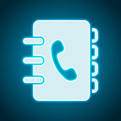 address book with phone sign on cover. simple icon. Neon style. Light decoration icon. Bright electric symbol