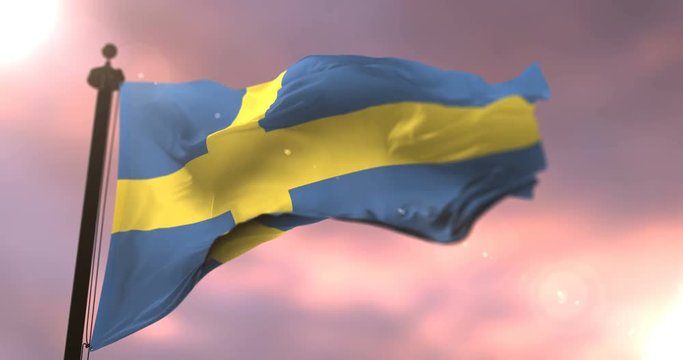 Flag of Sweden waving at wind in slow at sunset, loop