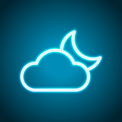 Mostly cloudy at night. Simple linear icon with thin outline. Neon style. Light decoration icon. Bright electric symbol
