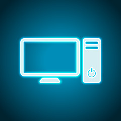 Personal computer, pc. System unit and monitor. Neon style. Light decoration icon. Bright electric symbol