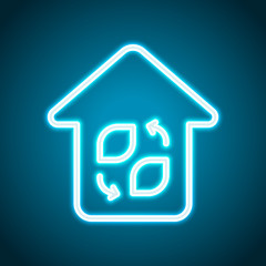 Eco house. Concept logo. Simple linear icon with thin outline. Neon style. Light decoration icon. Bright electric symbol